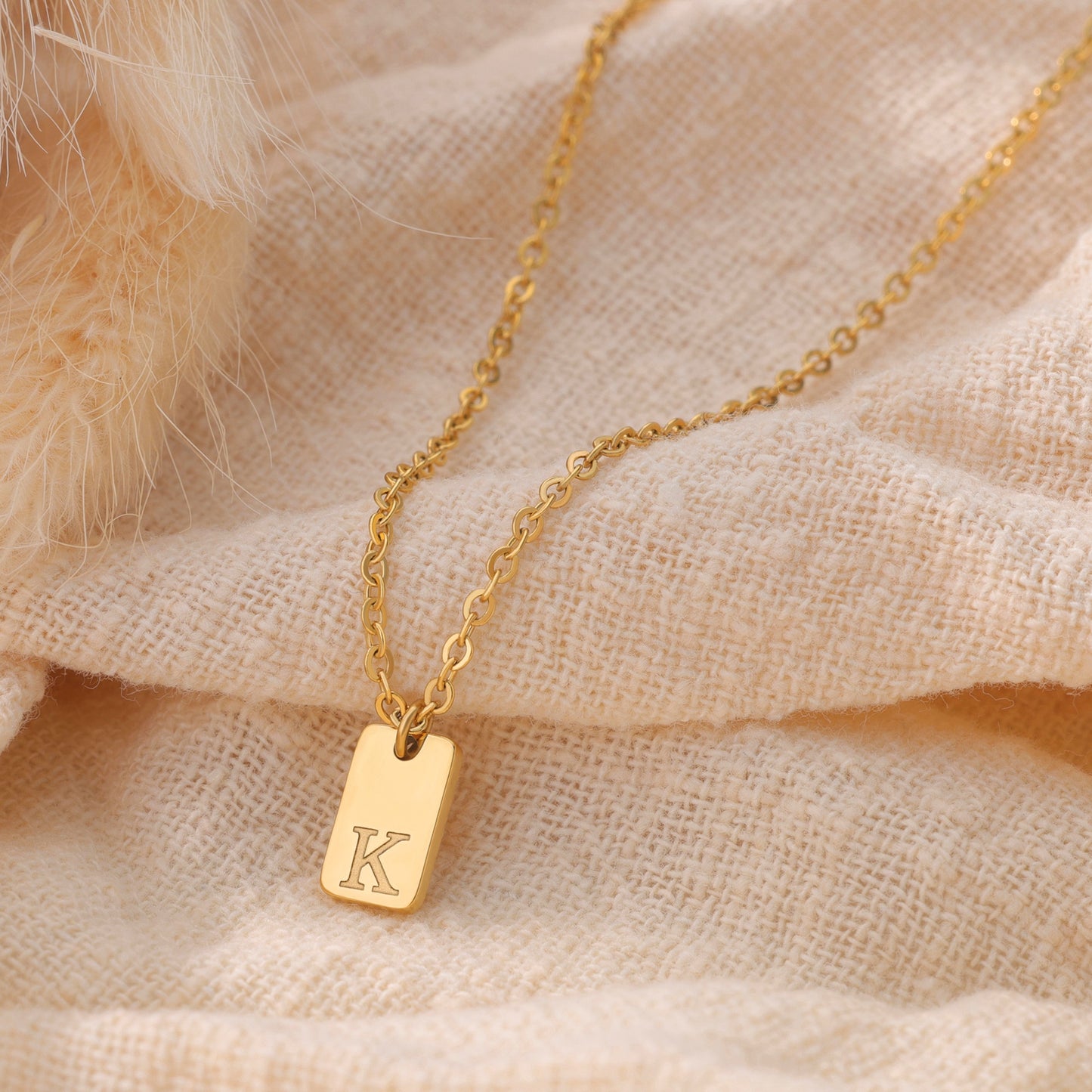 Tiny Square Engraved Letter Necklace, Stainless Steel Gold Plated