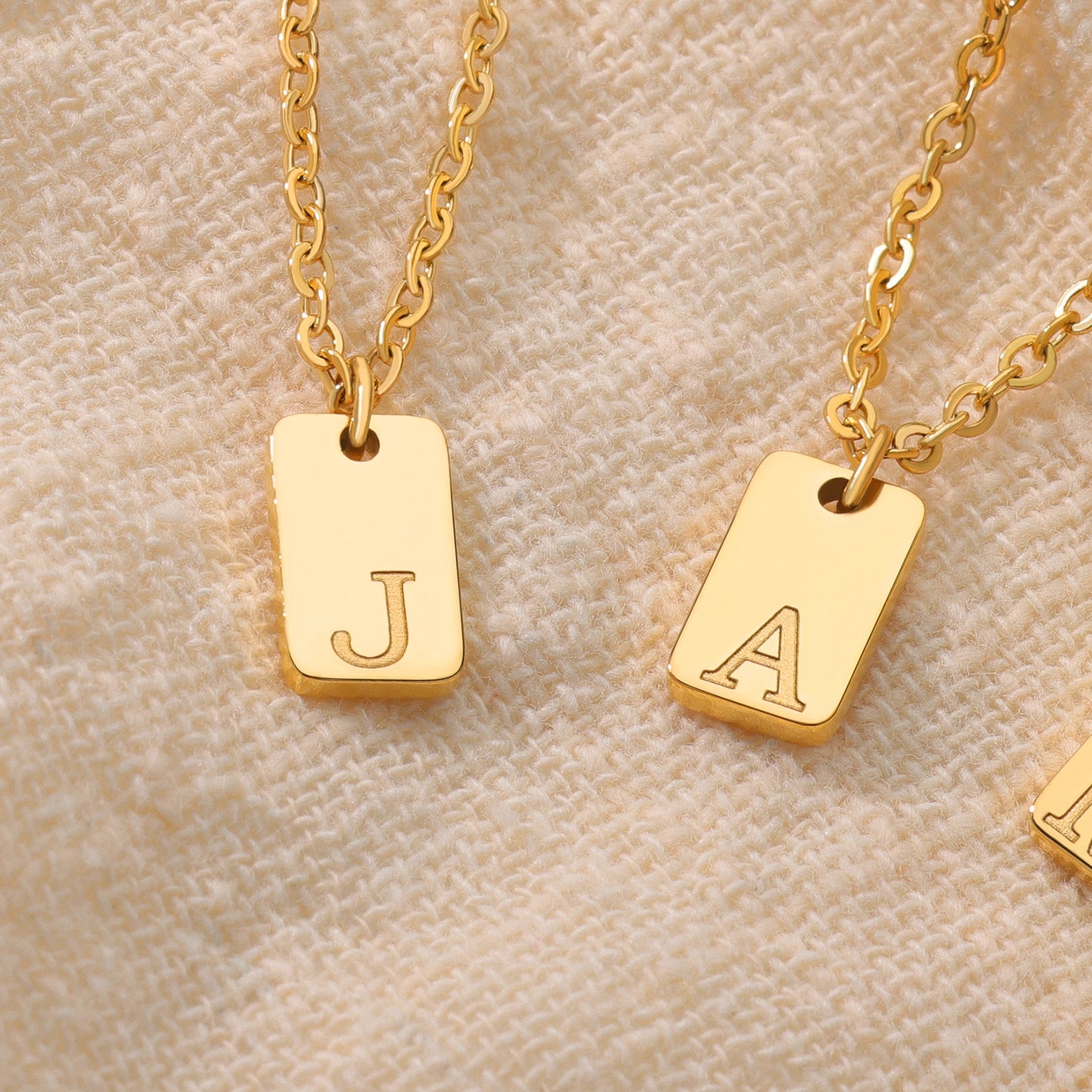 Tiny Square Engraved Letter Necklace, Stainless Steel Gold Plated