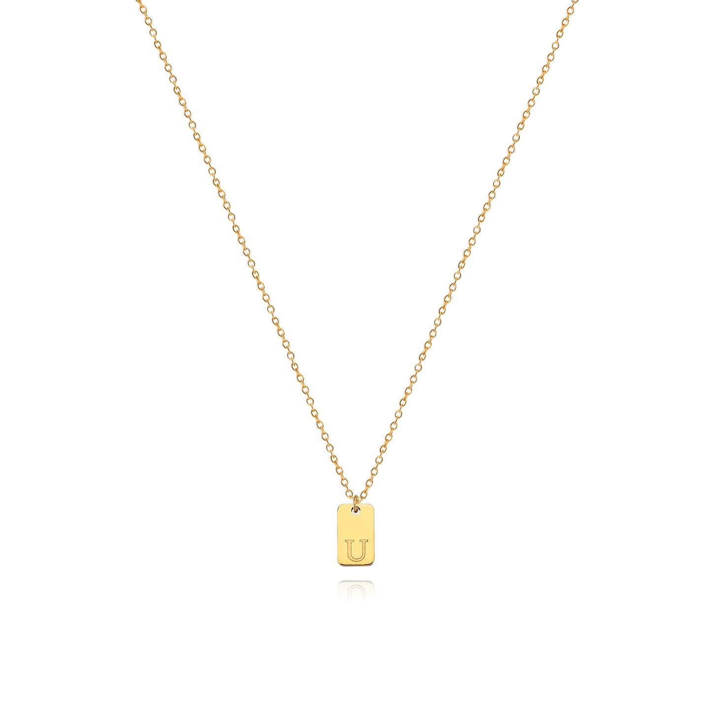 Tiny Square Engraved Letter Necklace, Stainless Steel Gold Plated