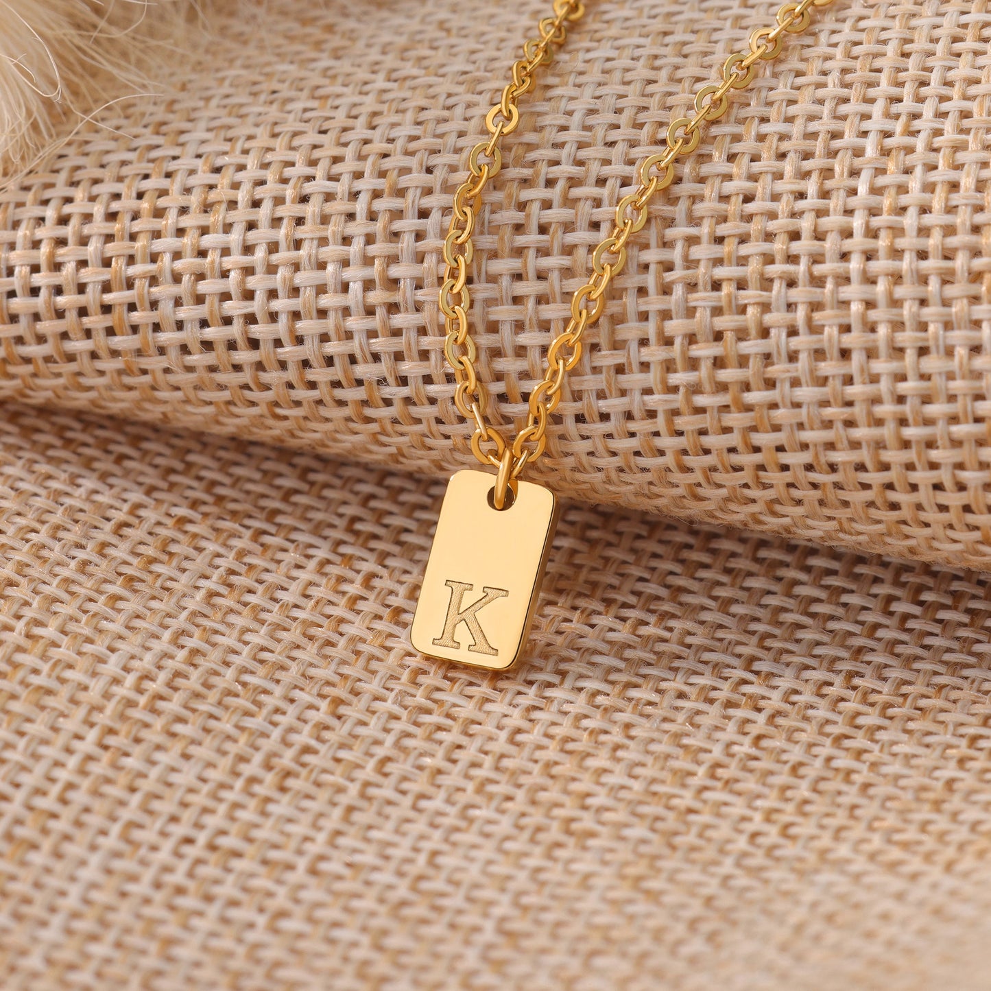 Tiny Square Engraved Letter Necklace, Stainless Steel Gold Plated